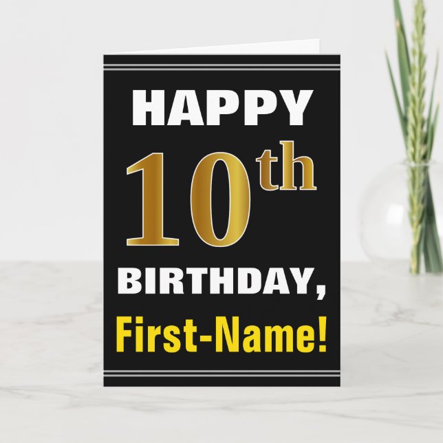 Bold, Black, Faux Gold 10th Birthday w/ Name Card (Front)