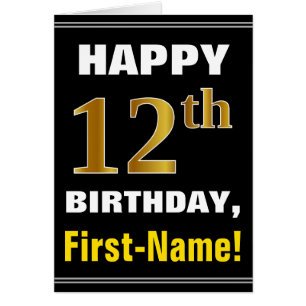 Bold, Black, Faux Gold 12th Birthday w/ Name Card