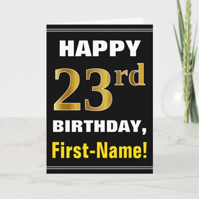 Bold, Black, Faux Gold 23rd Birthday w/ Name Card (Front)