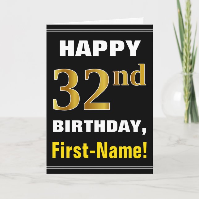 Bold, Black, Faux Gold 32nd Birthday w/ Name Card (Front)