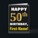 Bold, Black, Faux Gold 50th Birthday w/ Name Card<br><div class="desc">This simple birthday-themed greeting card design features a warm birthday wish like "HAPPY 50th BIRTHDAY, First-Name!" on the front, in bold text on a black coloured background. The birthday number has a faux/imitation gold-like colouring appearance. The name on the front can be personalised. The inside features a customisable birthday message....</div>
