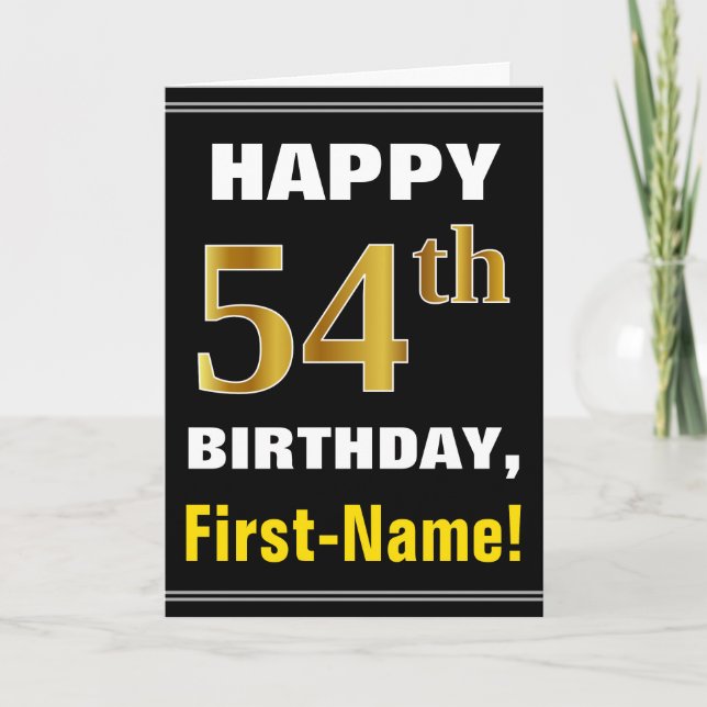 Bold, Black, Faux Gold 54th Birthday w/ Name Card (Front)