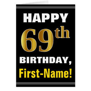 Bold, Black, Faux Gold 69th Birthday w/ Name Card