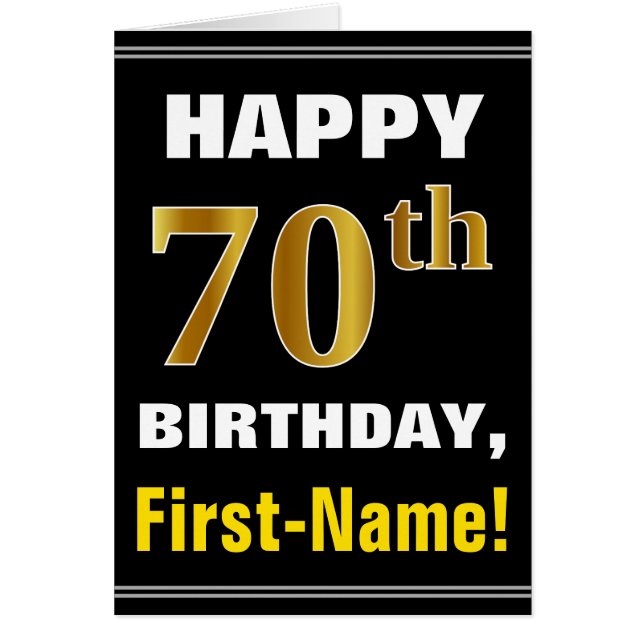 Bold, Black, Faux Gold 70th Birthday w/ Name Card (Front)
