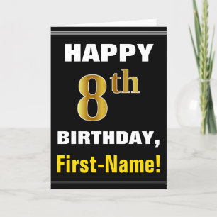 Bold, Black, Faux Gold 8th Birthday w/ Name Card