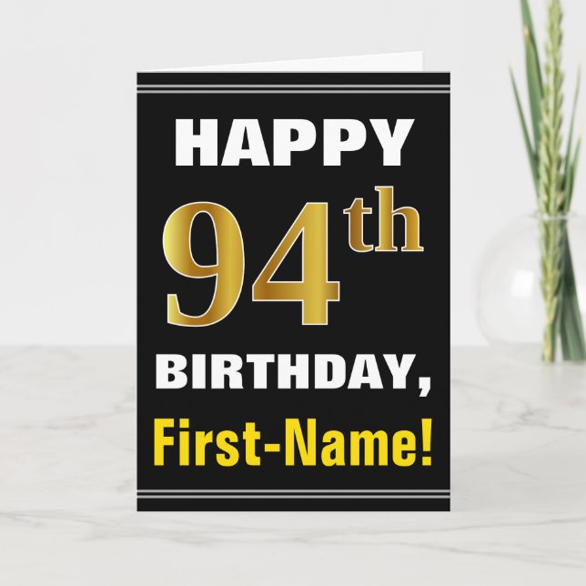 Bold, Black, Faux Gold 94th Birthday w/ Name Card (Front)