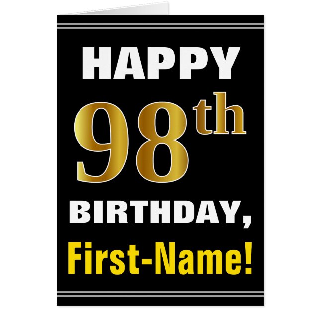 Bold, Black, Faux Gold 98th Birthday w/ Name Card (Front)