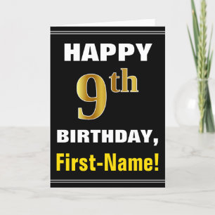 Bold, Black, Faux Gold 9th Birthday w/ Name Card
