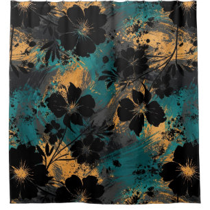Bold Black Floral Silhouette with Teal & Mustard Shower Curtain