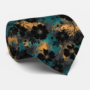 Bold Black Floral Silhouette with Teal & Mustard Tie