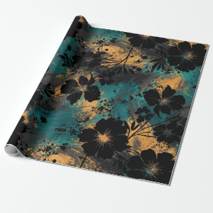 Bold Black Floral Silhouette with Teal & Mustard Wrapping Paper
