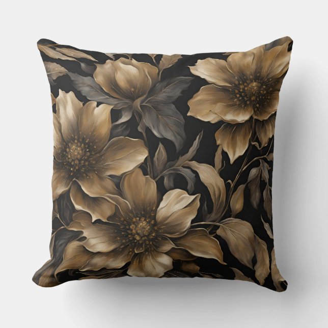 Bold Black Gold Floral Print Cushion (Front)