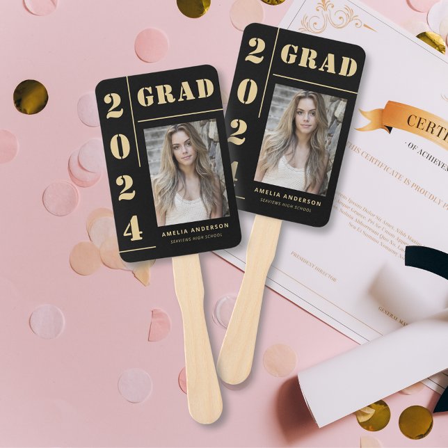 Bold Black Gold Typography Photo Graduation Party Hand Fan (Creator Uploaded)