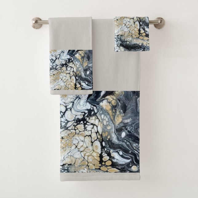 Bold Black Gold & White Border Bathroom Towel Set (Insitu)