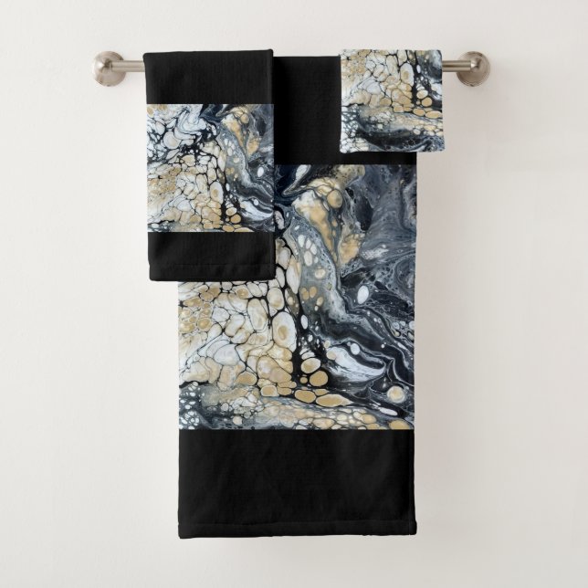 Bold Black Gold & White Border Bathroom Towel Set (Insitu)