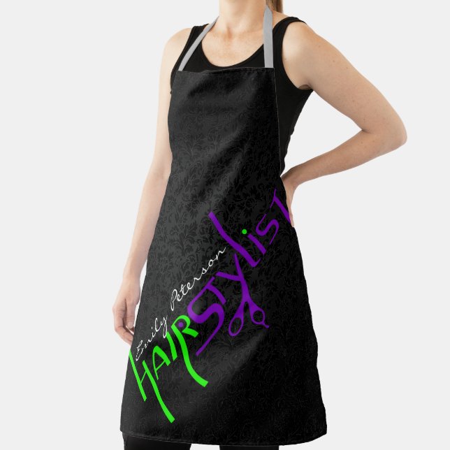 Bold Black Green And Purple Hair Stylist Apron (Insitu)