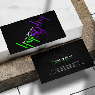 Bold Black Green And Purple Hair Stylist Text 2 Business Card