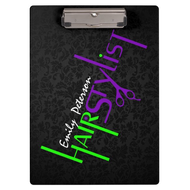 Bold Black Green And Purple Hair Stylist Text Clipboard (Front)
