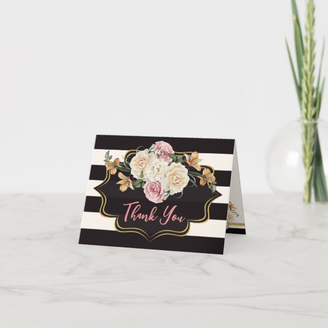Bold Black, Ivory Stripes, Florals Thank You (Front)