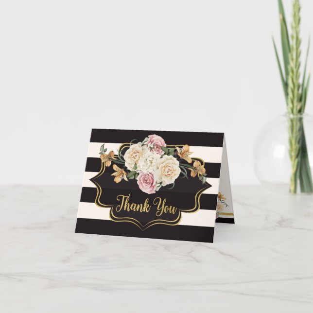 Bold Black, Ivory Stripes, Florals Thank You 2 Card (Front)
