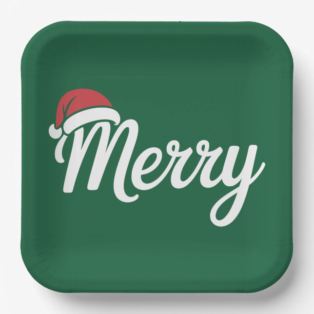 Bold Black Merry Christmas Santa Hat Paper Plate (Front)