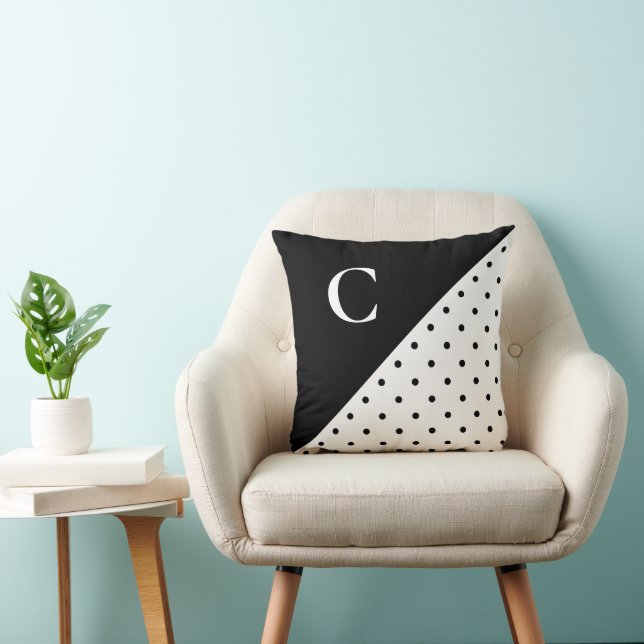 Bold Black on White Polka Dot Pattern Monogram Cushion (Chair)