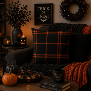 Bold Black Orange Scottish Tartan Modern Autumn  Cushion