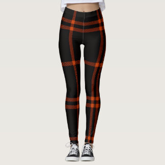 Bold Black Orange Scottish Tartan Modern Autumn Leggings