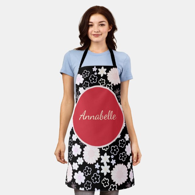 Bold Black Red Flowers Floral Pattern Named  Apron (Worn)
