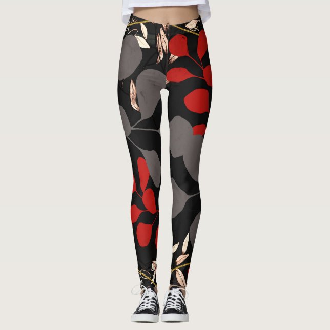 Bold Black Red Grey Botanical Floral Leaves Leggings (Front)