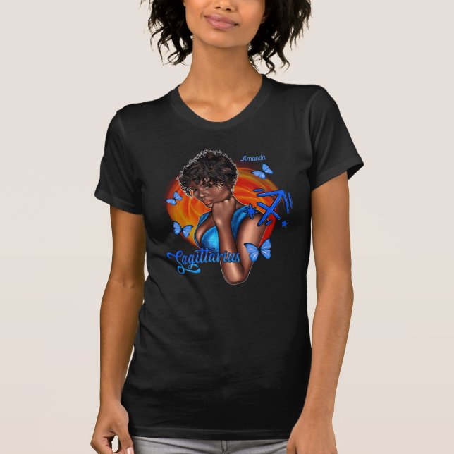 Bold Black Sagittarius Diva with Adventurous Spiri T-Shirt (Front)