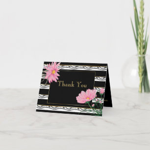 Bold Black Stripes Pink Daisies Thank You Card