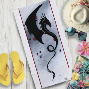 Bold Black Tribal Dragon Red Blue Flowers Beach Towel