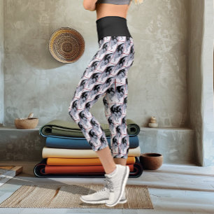 Bold Black Tribal Dragon Red Blue Flowers Capri Leggings