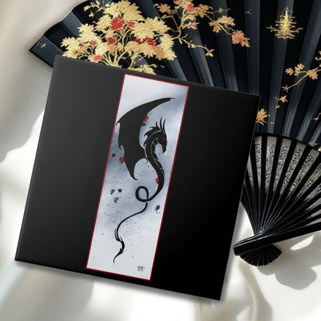 Bold Black Tribal Dragon Red Blue Flowers Ceramic Tile (Creator Uploaded)