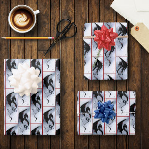 Bold Black Tribal Dragon Red Blue Flowers Wrapping Paper Sheet