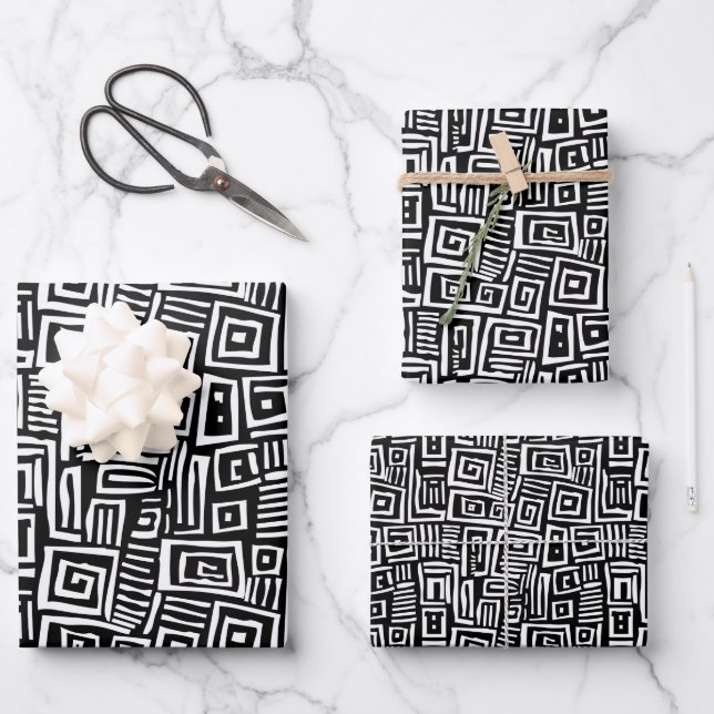 Bold Black & White Abstract Patterned Wrapping Paper Sheet (Front)