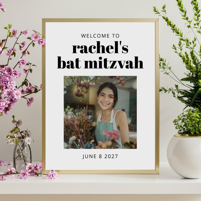 Bold Black White Bat Mitzvah Photo Digital Welcome Poster (Creator Uploaded)