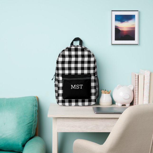 Bold Black White Buffalo Check with Monogram Printed Backpack (Insitu)