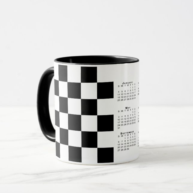Bold Black White Chequered Pattern 2026 Calendar Mug (Front Left)
