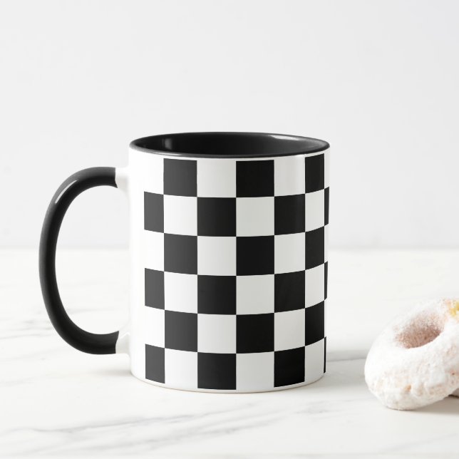 Bold Black White Chequered Pattern Mug (With Donut)