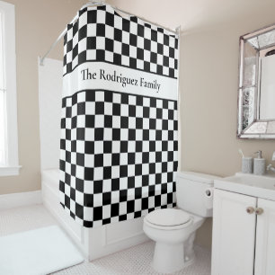 Bold Black White Chequered Pattern with Name Shower Curtain