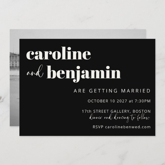 Bold Black White Elegant Modern Photo Wedding Invitation (Front/Back)