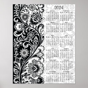 Bold Black White Floral 2024 Calendar Poster