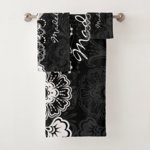 Bold Black White Floral Design Bath Towels Set