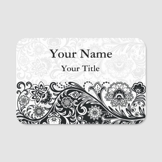 Bold Black White Floral Design Name Tag (Front)