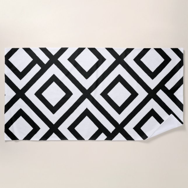 Bold Black White Geometric Diamond Beach Towel (Front)