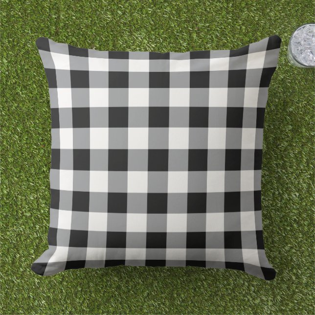 Bold Black White Gingham Plaid Check Cushion (Grass)