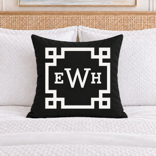 Bold Black White Greek Key Monogram Initial Cushion