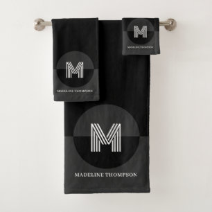 Bold Black White Grey Geometric Modern Monogram Bath Towel Set